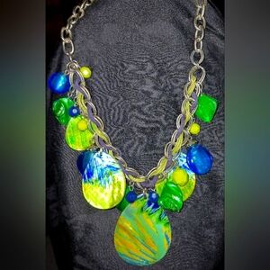 Statement metal tone, green & Teal charm boho necklace